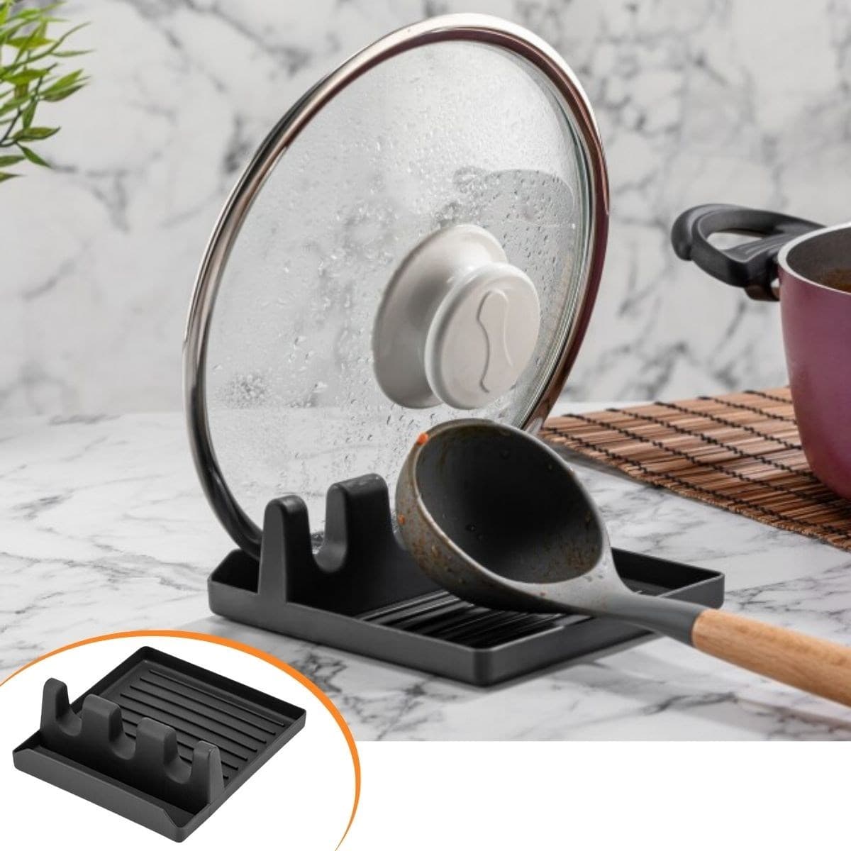 Roichil® Tencere Kapak Tutuculu Kaşıklıklı Tencere Kapak Standı Pratik Kaşık Kepçe Altlık Düzenleyici