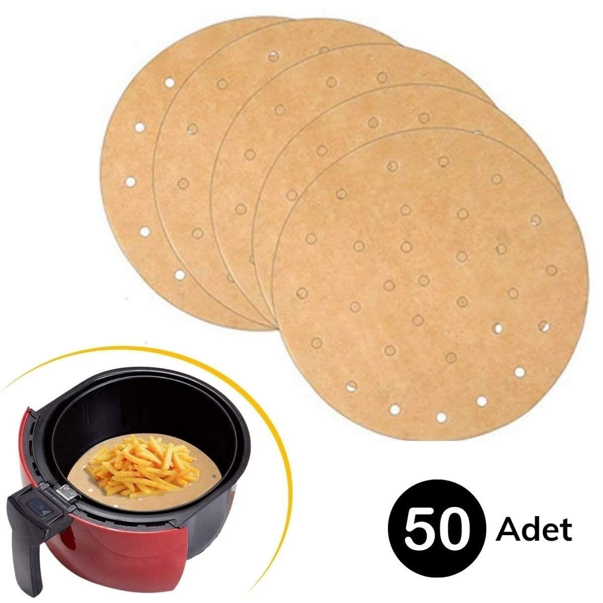 Roichil® 50 Adet Air Fryer Pişirme Kağıdı Tek Kullanımlık Gıda Pişirme Kağıdı Delikli Yuvarlak Model