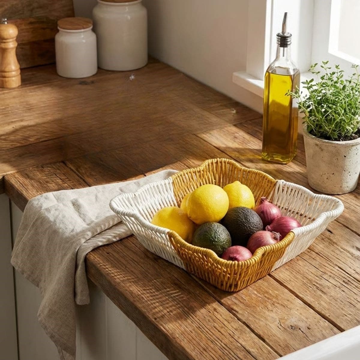 Roichil® Kare Dalgalı Çift Renkli Plastik Rattan Ekmek ve Meyve Sepeti - Çok Amaçlı Banyo ve Mutfak Düzenleyici - Yıkanabilir Tezgâh Üstü Organizer