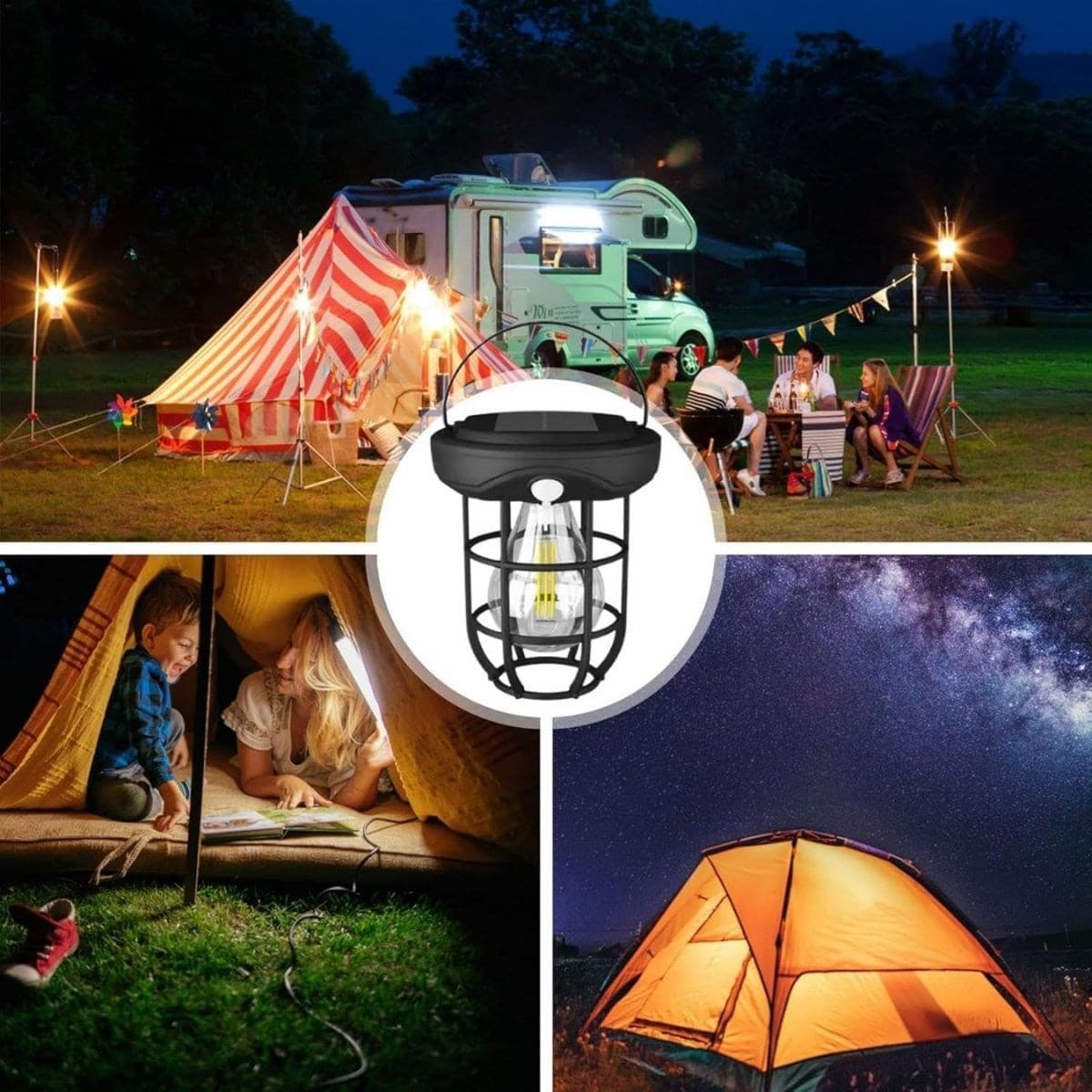 Roichil® Solar Kamp Feneri – Güneş Enerjili, Otomatik Şarj ve Gece Işığı, Taşınabilir ve Asılabilir LED Dış Mekan Lamba