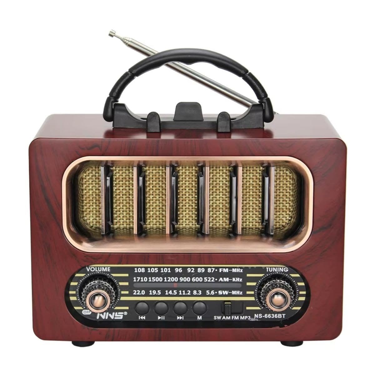 Roichil® Orta Boy Retro Ahşap Tasarım Bluetooth Hoparlörlü Radyo – FM/AM Destekli, Şarjlı ve Taşınabiliri Radyo NS-6636