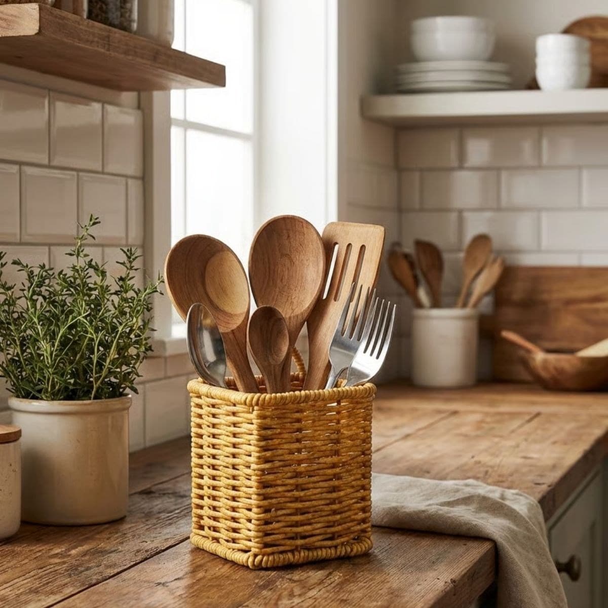 Roichil® Kare Hasır Dokulu Plastik Rattan Kaşıklık & Çatallık – Askılı Kendiliğinden Tutmalı Çok Amaçlı Mutfak Organizeri