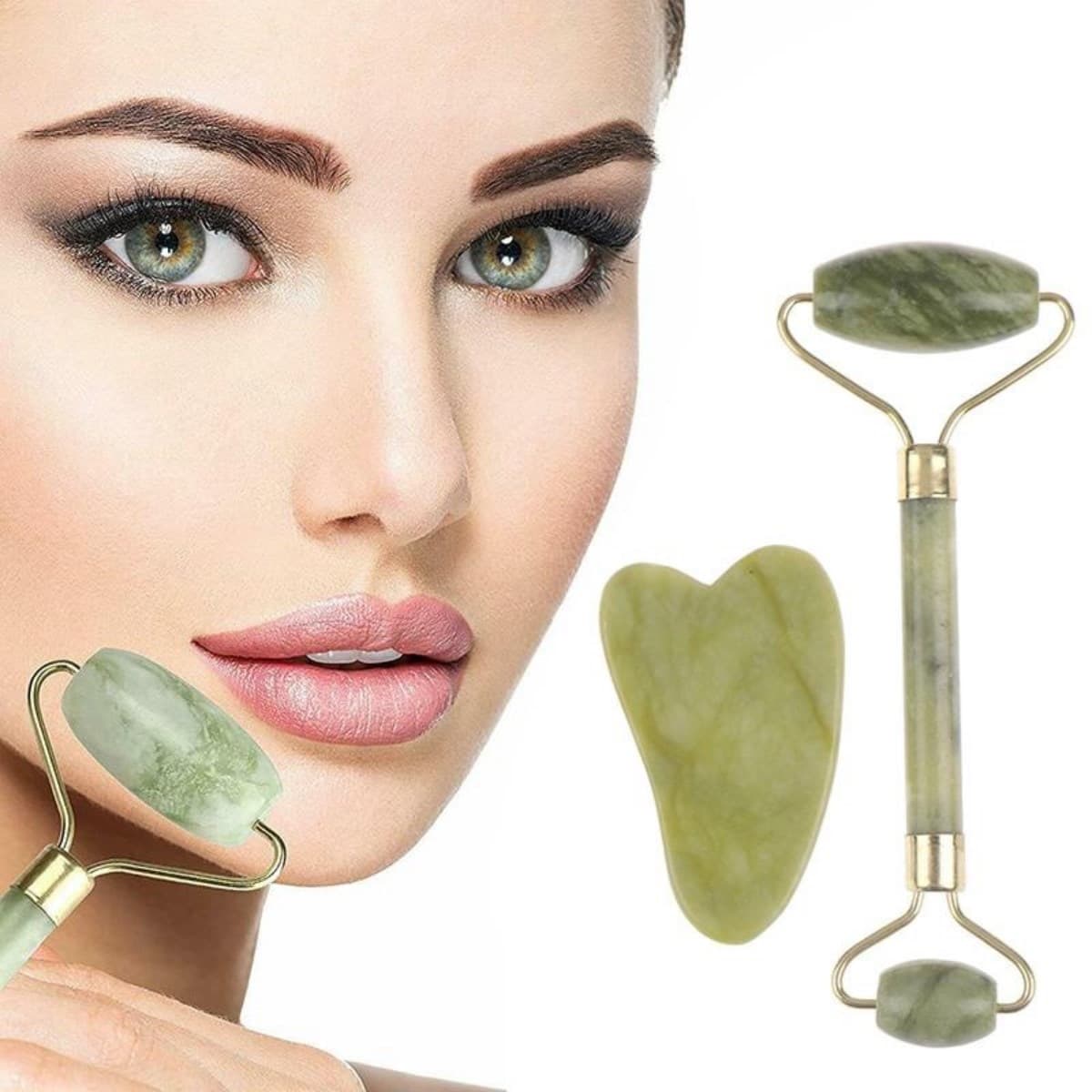 Roichil® Çift Taraflı 2li Cilt Yüz Masaj Aleti Jade Roller Yeşim Taşı Seti
