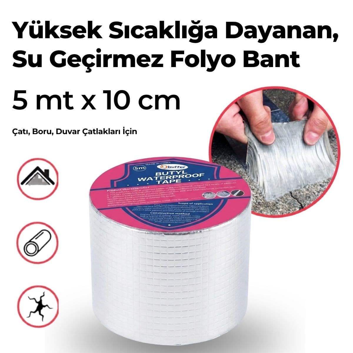 Roichil Yüksek Sıcaklık Dayanan Su Geçirmez Çatı Boru Duvar Çatlak Yapışkan Çamur Bant Folyo 5 mt x 10 cm