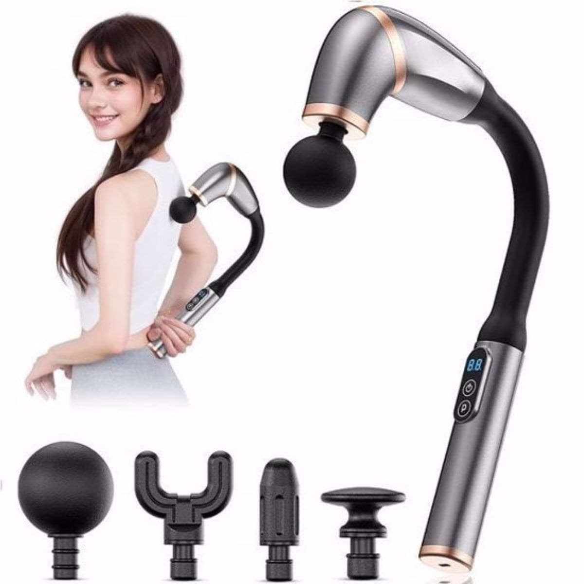 Roichil® 4 Farklı Başlıklı Uzun Saplı Derin Doku Masaj Tabancası, Boyun, Omuz ve Sırt için Ergonomik Saplı Çoklu Masaj Modlu Taşınabilir Masaj Aleti