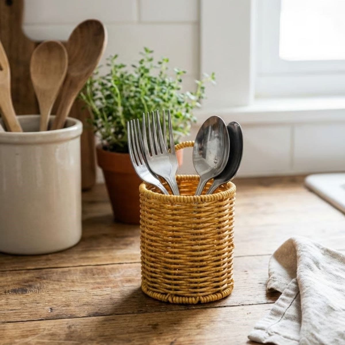 Roichil® Yuvarlak Hasır Dokulu Plastik Rattan Kaşıklık & Çatallık – Askılı Kendiliğinden Tutmalı Çok Amaçlı Mutfak Organizeri
