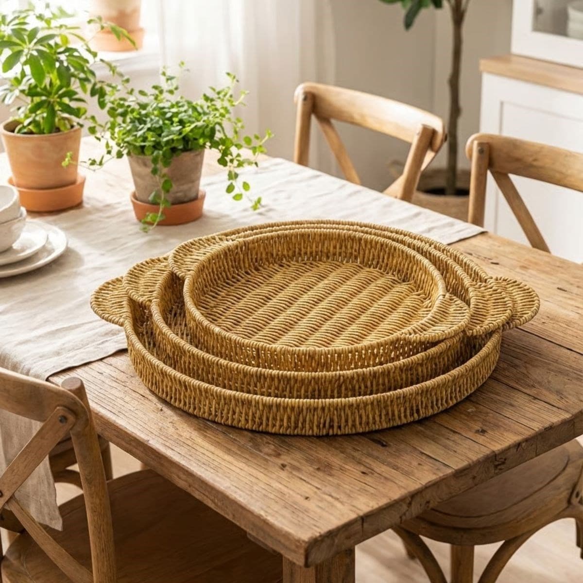 Roichil® İç İçe Geçebilen 3’lü Yuvarlak Plastik Rattan Tepsi Seti–Hasır Görünümlü Çok Amaçlı Servis ve Sunum Tepsileri