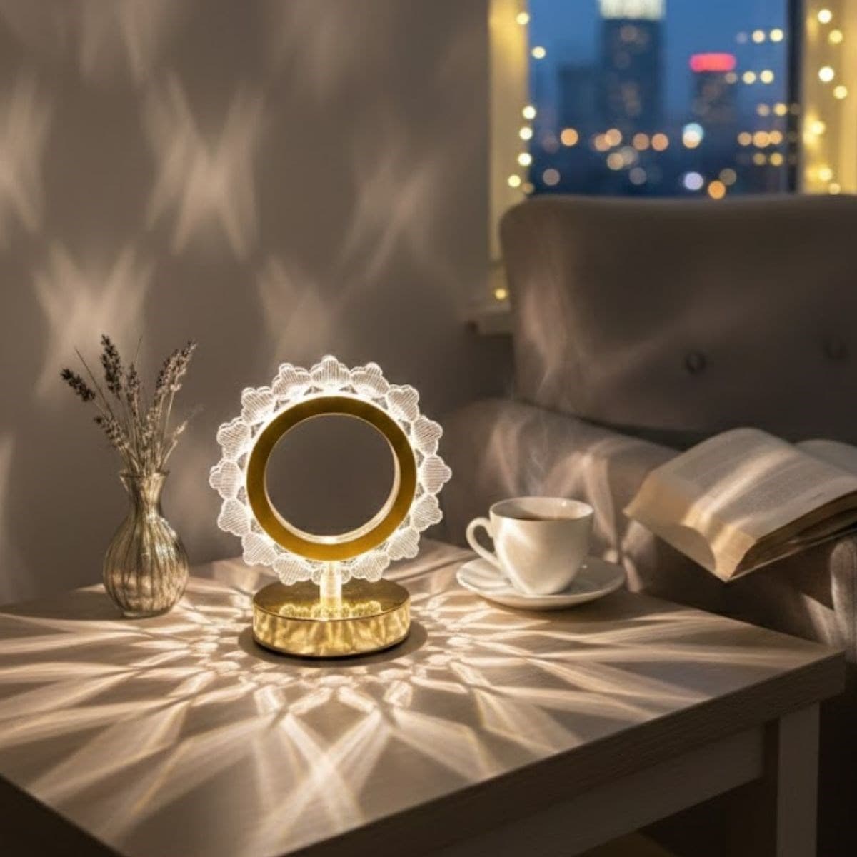 Roichil® Güneş Şeklinde Kristal LED Masa Lambası – Dokunmatik, 3 Renk Işık Modlu, Şarjlı Mini Dekoratif Gece Lambası