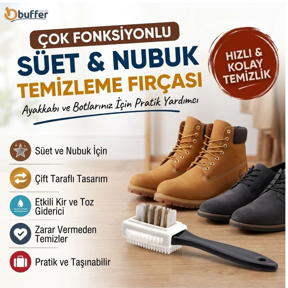 Roichil® Çift Taraflı Pratik Taşınabilir Süet Nubuk Deri Çizme Bot Ayakkabı Temizleme Bakım Fırçası