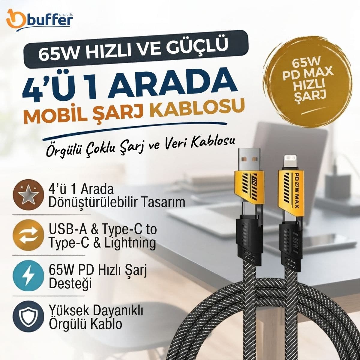 Roichil® 4’ü 1 Arada Hızlı Mobil Şarj Kablosu 65W – USB-A & Type-C to Type-C + Lightning, Örgülü Çoklu Şarj ve Veri Kablosu