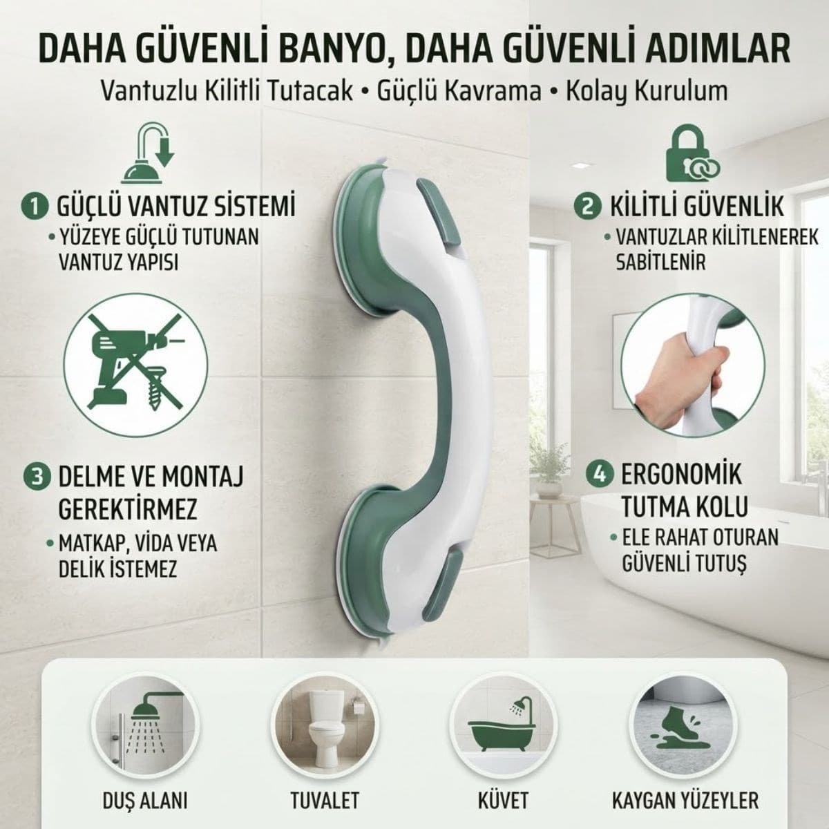 Roichil® Düşme Ve Kayma Önleyici Banyo Tuvalet Vantuzlu Kilitli Tutacak
