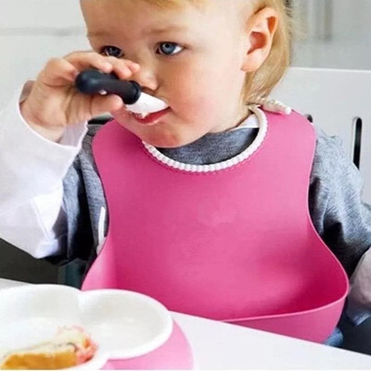 Roichil® Çocuk Bebek Mama Önlüğü Dökülme Engelleyici Bükülebilir Pembe