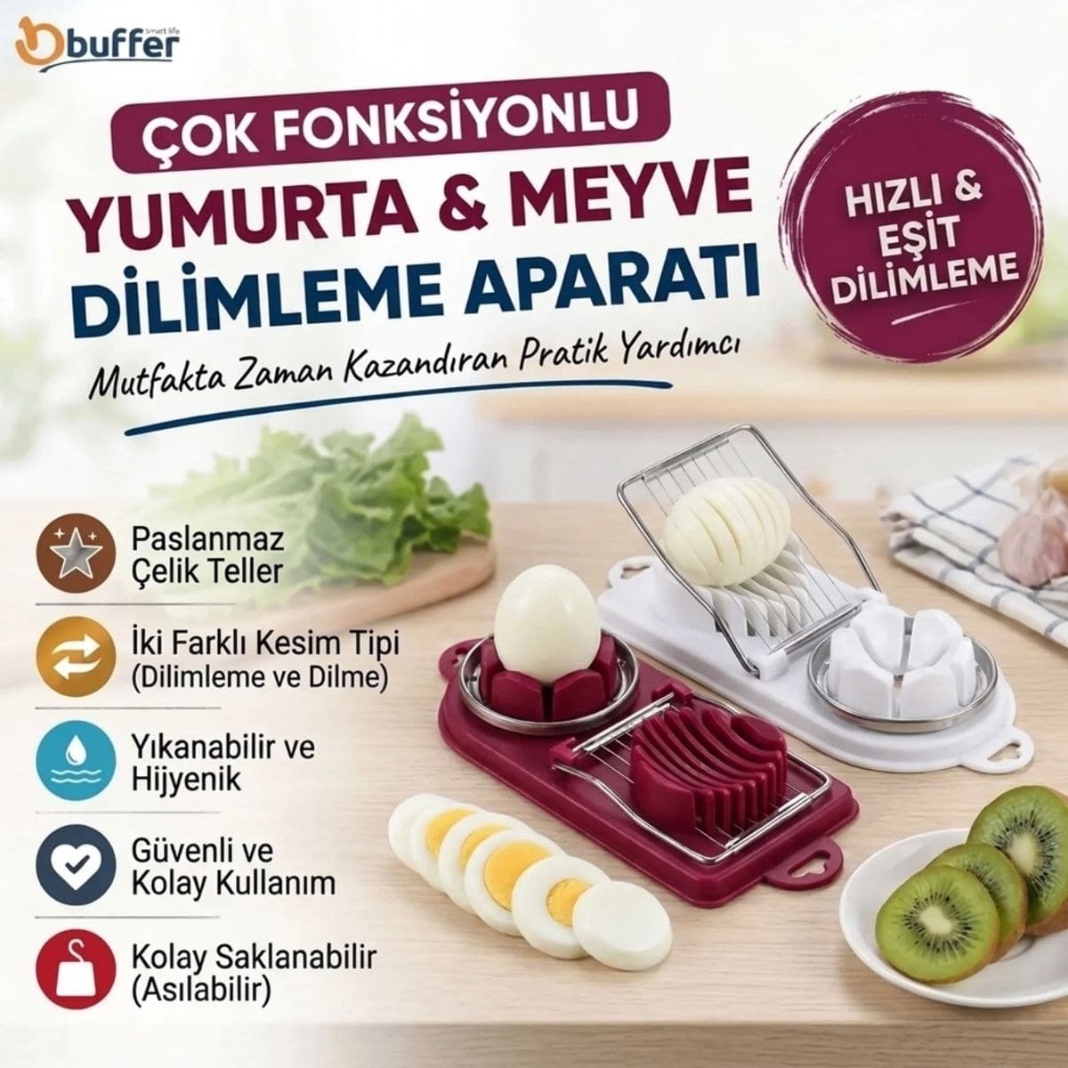 Roichil® Çok Fonksiyonlu Eşit Yumurta ,Meyve Dilimleyici Kesici Aparat