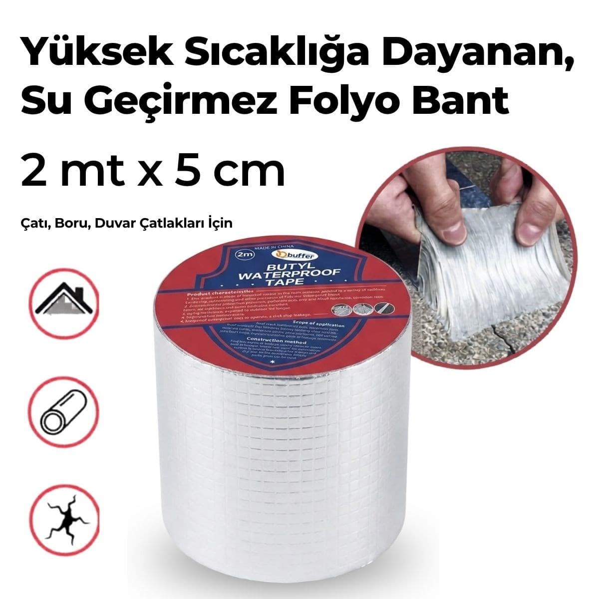 Roichil® 2 Mt Yüksek Sıcaklık Dayanan Su Geçirmez Çatı Duvar Çatlak Onarıcı Yapışkan Bant Folyo 2 Mt 10 C