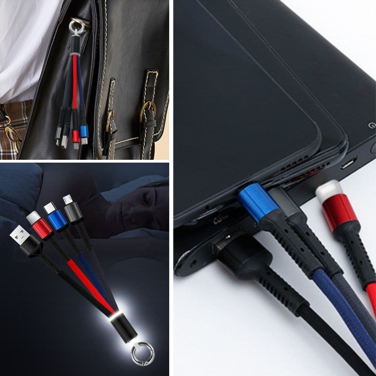 Roichil® Işıklı Anahtarlık Model 3 in 1 USB Çıkışlı MİKRO,TYPE-C ve İphone Uyumlu Şarj Kablosu