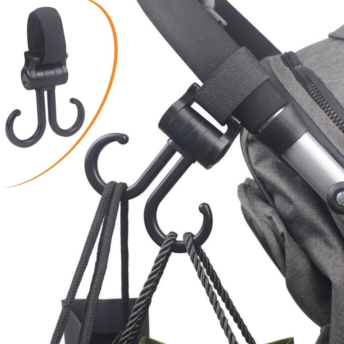 Roichil® 2li Bebek Arabasına Uyumlu Cırtlı Eşya Taşıma Aparatı 360 Derece Dönebilen Plastik Kanca