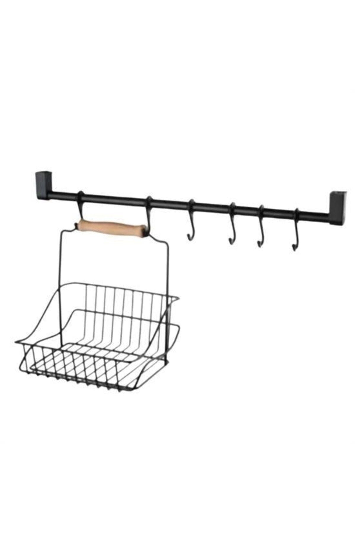 Retro Ferforje Askılı Siyah Ahşap Kulplu Düzenleyici Mutfak Sepeti
